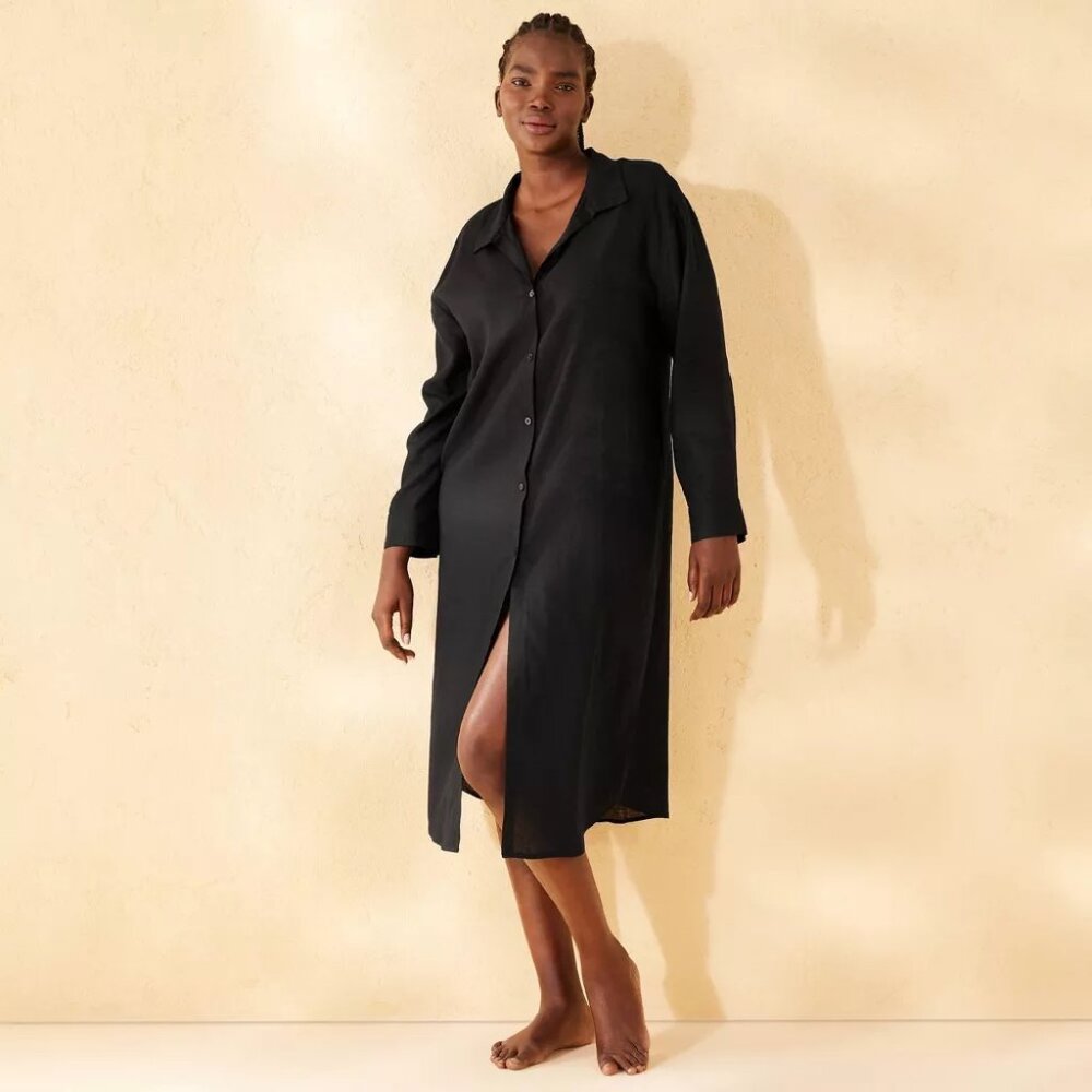 NWT Women's Linen Long Cover Up Shirtdress - Shade & Shore™ Black Sz M - Picture 5 of 5